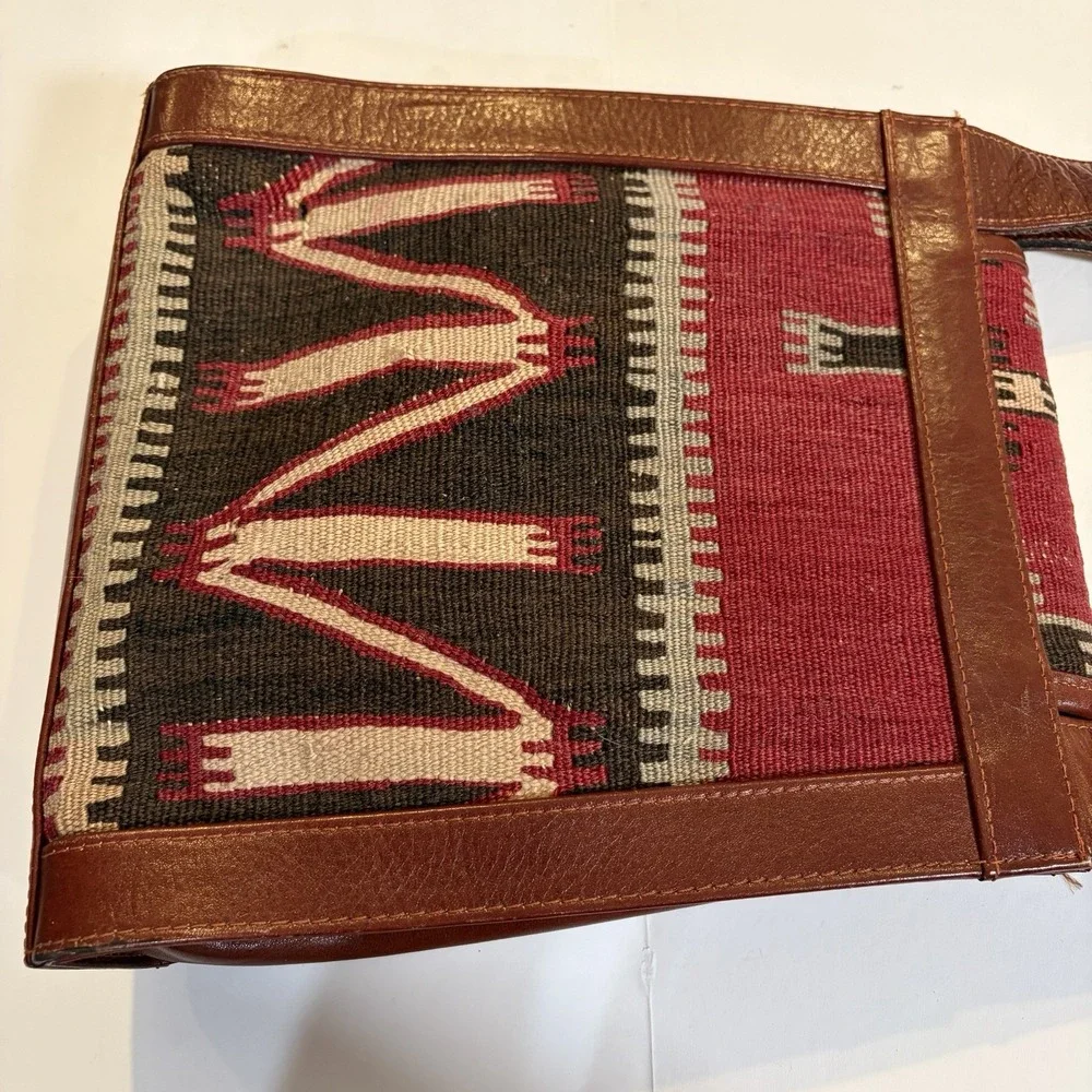 VTG YUN ART Turkish Kilim Wool Rust-Tan Leather Shoulder Bag Purse Boho Hobo